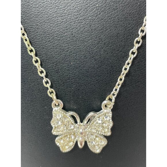 Butterfly Pendant Necklace Rhinestone Detailing On Silver-Tone Chain - Picture 2 of 4
